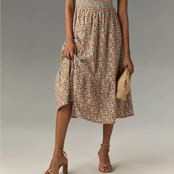 Anthropologie Floral Smocked Midi Dress Square Neck Cotton Large NWT - Picture 3 of 10